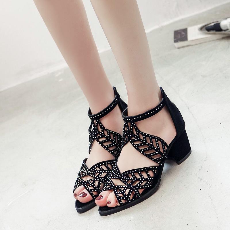 Spring and summer middle heel fish mouth hollow sandals zipper thick heel rhinestone large size