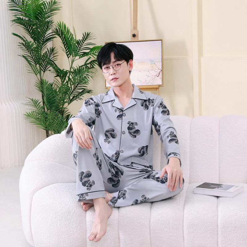Pajamas Winter Pajamas Mens Long Sleeve Youth Home Clothes 2 Piece Kit Cartoon Bear Black Gray Blue Leisure
