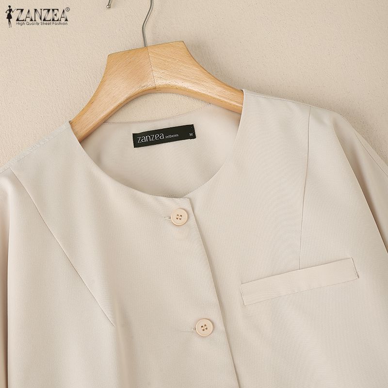 ZANZEA Women Casual Round Neck Solid Color Long Sleeve Blouse