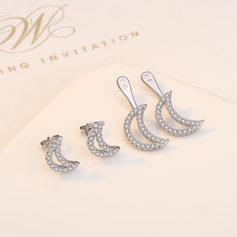 BELLA BOX S925 Sterling Silver Needle Zircon Moon Earrings - A Pair Of High-end Earrings For Women With Two Stud Earrings