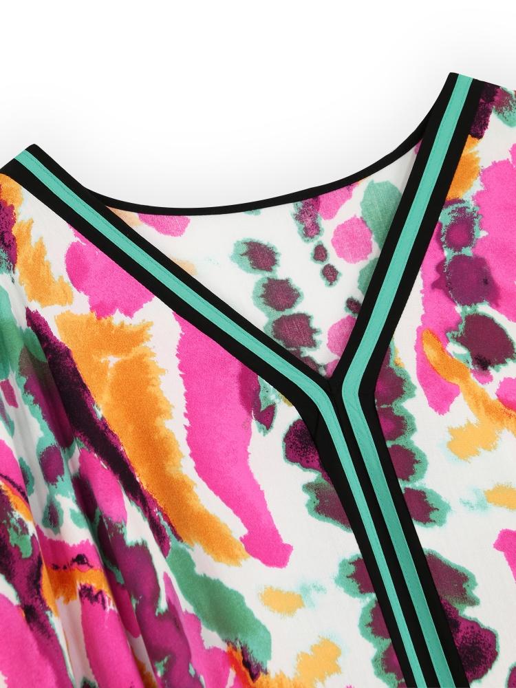 EDOLYNSA Plus Size Kaftan With Bag Bohemian Printed Summer Long Beach Dress Women Homewear Outfit Swim Suit Cover Up Loose Caftan