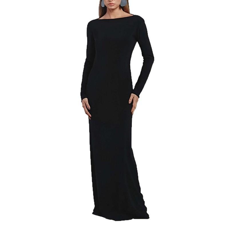 Women's Fall Long Sleeves Boat Neck Bodycon Maxi Dress Open Back Formal Dress Elegant Backless Evening Gown Party Long Dresses for Women