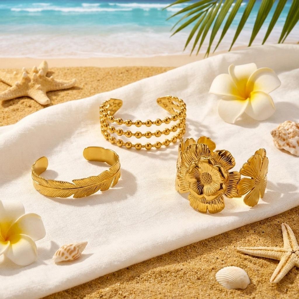 Stainless Steel Textured Feather Round Beads Wrapped Flower Open Cuff Bracelet For Women Men Dainty Vintage Plant Bangle Jewelry