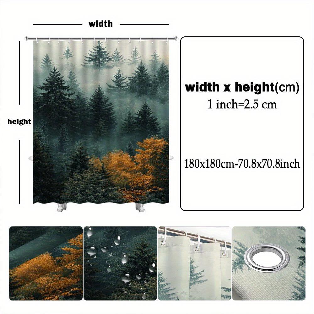 Misty Forest Autumn Shower Curtain - Evergreen Trees and Fall Foliage Design, Polyester, Includes 12 Hooks, Machine Washable