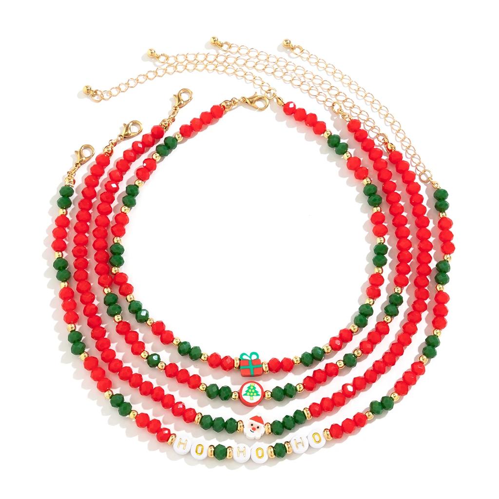 4Pcs Creative Red Crystal Polymer Clay Chain Necklace for Women Delicate Santa Claus Choker Sweater Christmas Neck Jewelry Party