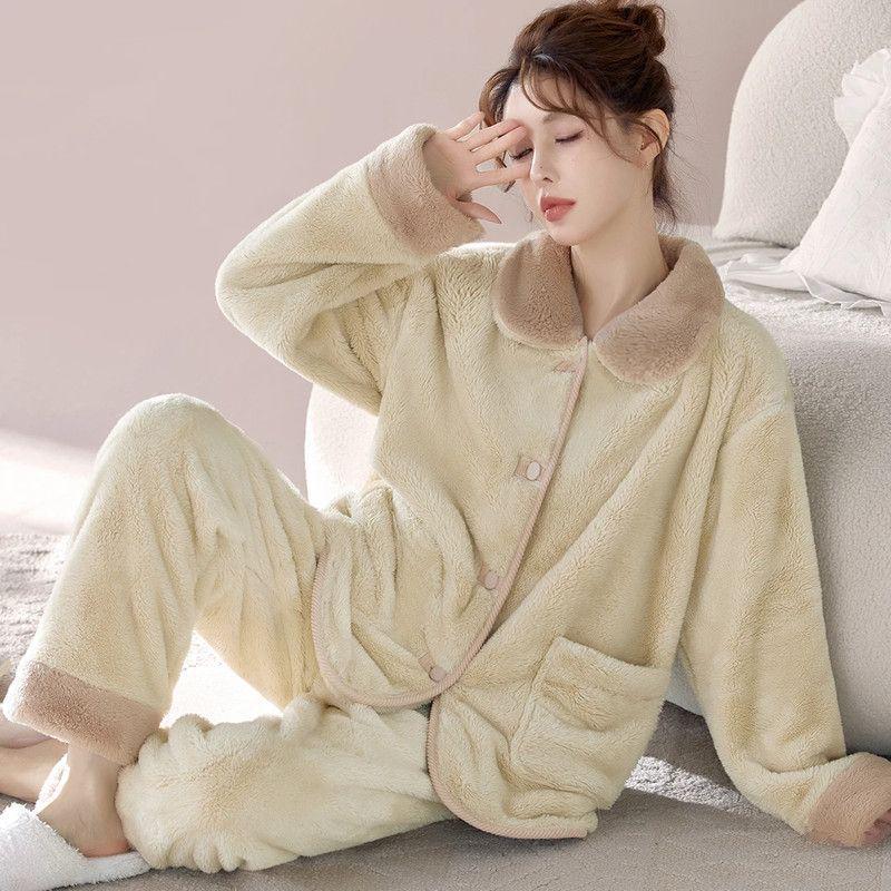 Women's Autumn/Winter Cozy Flannel Pajama Set - Warm Fleece-Lined, Loose Fit, Wear Indoors or Outdoors