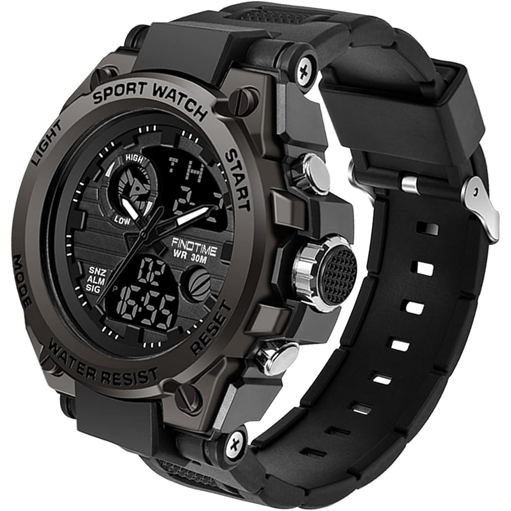 Findtime Men s Digital Analog Military Watch Waterproof Dual Time Stopwatch Alarm LED Black Silver 50m