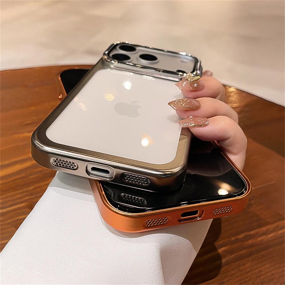 Clear Glass Full Lens Camera Holder Folding Stand Phone Case For 17 16 15 14 13 Pro Max Plating Frame Transparent Cover