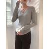 Women Simple Solid V Neck Slim Fit Long Sleeve Inner T Shirt Top