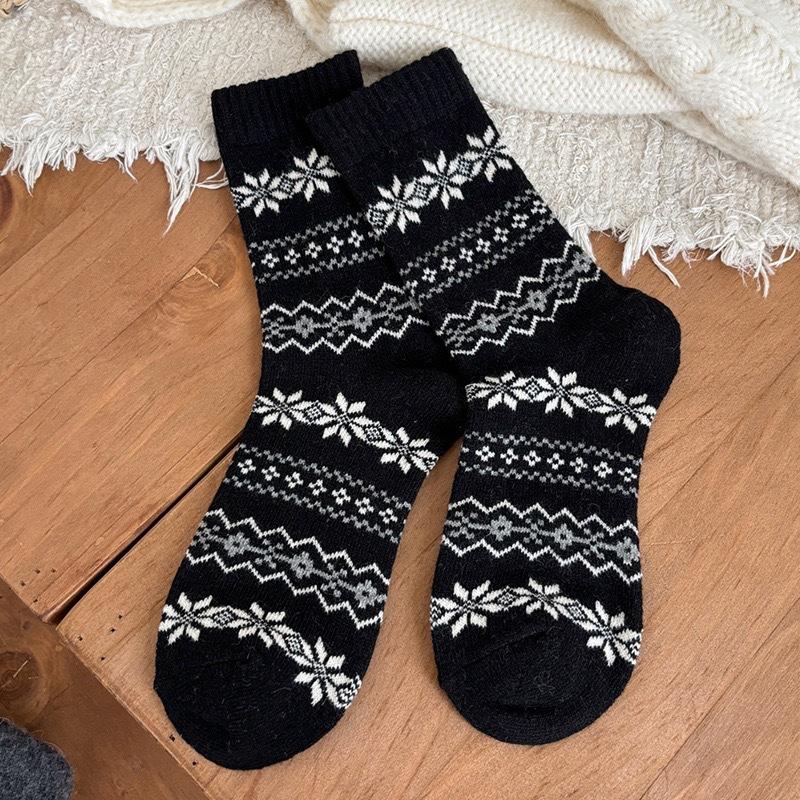 Retro Wollsocken Kinder Koreanische Mittelrohrsocken Geometrische Schneeflocke Verdickte Warme Stacking-Socken