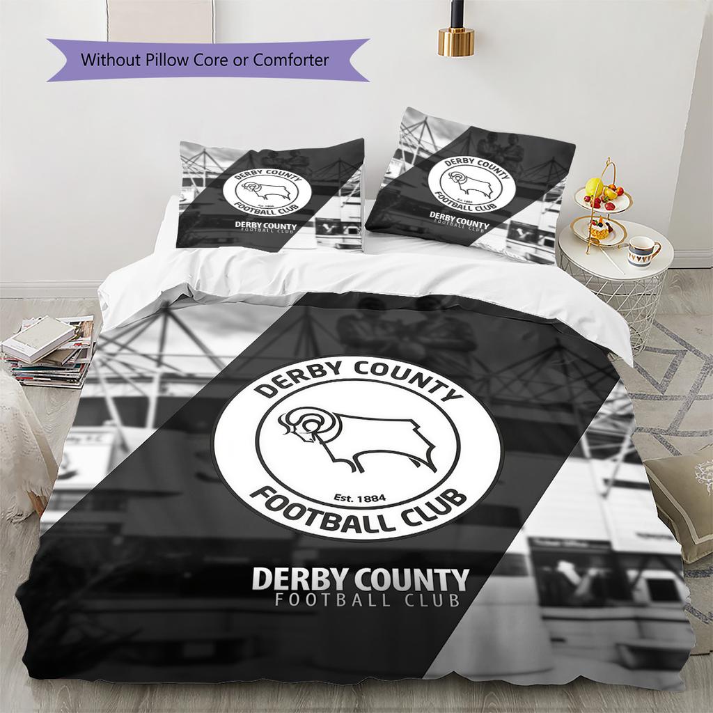 Derby County F.C Muster Bettwäsche Steppdecke Set Heimdekoration Geschenk (1 Bettbezug + 2 Kissenbezüge (ohne Füllung))