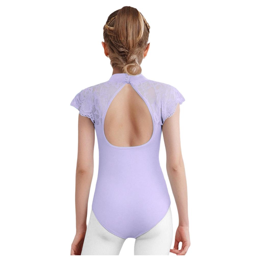 Girls Lace Cap Sleeves Dance Leotard Sheer Mesh Patchwork Cutout Bodysuit for Ballet Practice Exam
