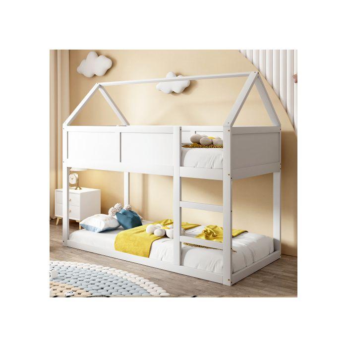 Lit superposé pour enfants - MUVOE - 90x200 cm - Bois massif - Blanc - 2 places