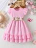 Vestito Rosa Principessa Estivo per Bambina con Ricami Floreali Maniche a Sbuffo Orlo Arricciato Cintura Gonna a Doppio Strato