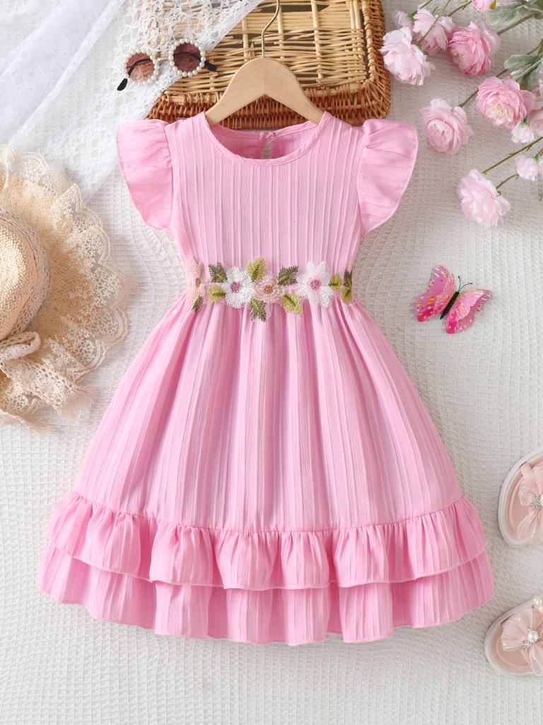Vestito Rosa Principessa Estivo per Bambina con Ricami Floreali Maniche a Sbuffo Orlo Arricciato Cintura Gonna a Doppio Strato