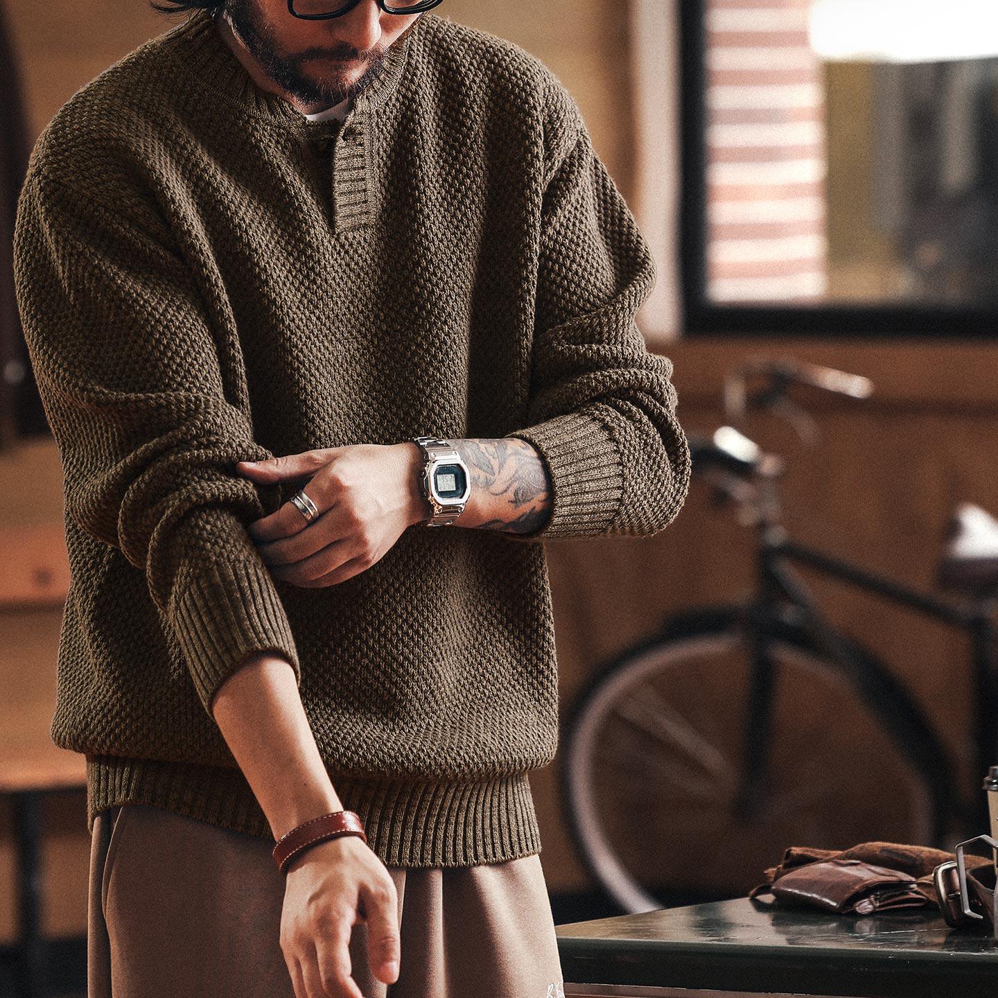 Gelanlu Men s Heavyweight Henley Knit Sweater - Autumn/Winter Thick Warm Old Money Style S (90-110 jin) кофейный