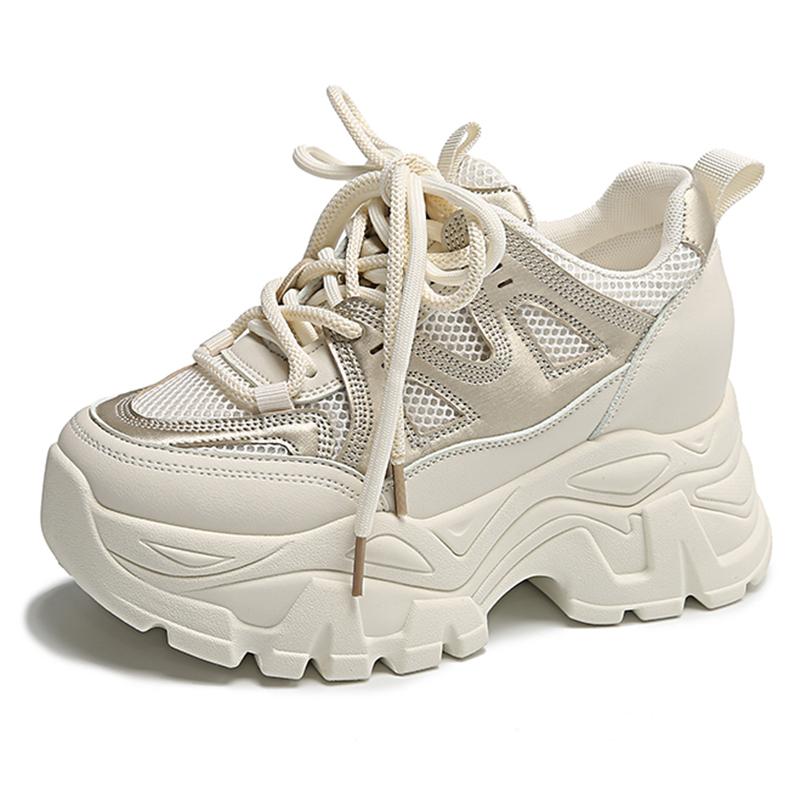 Breathable Chunky Platform Sneakers Women Lace-Up Thick Bottom Vulcanied Shoes Female Fashion Patchwork Non-Slip Casual Shoes