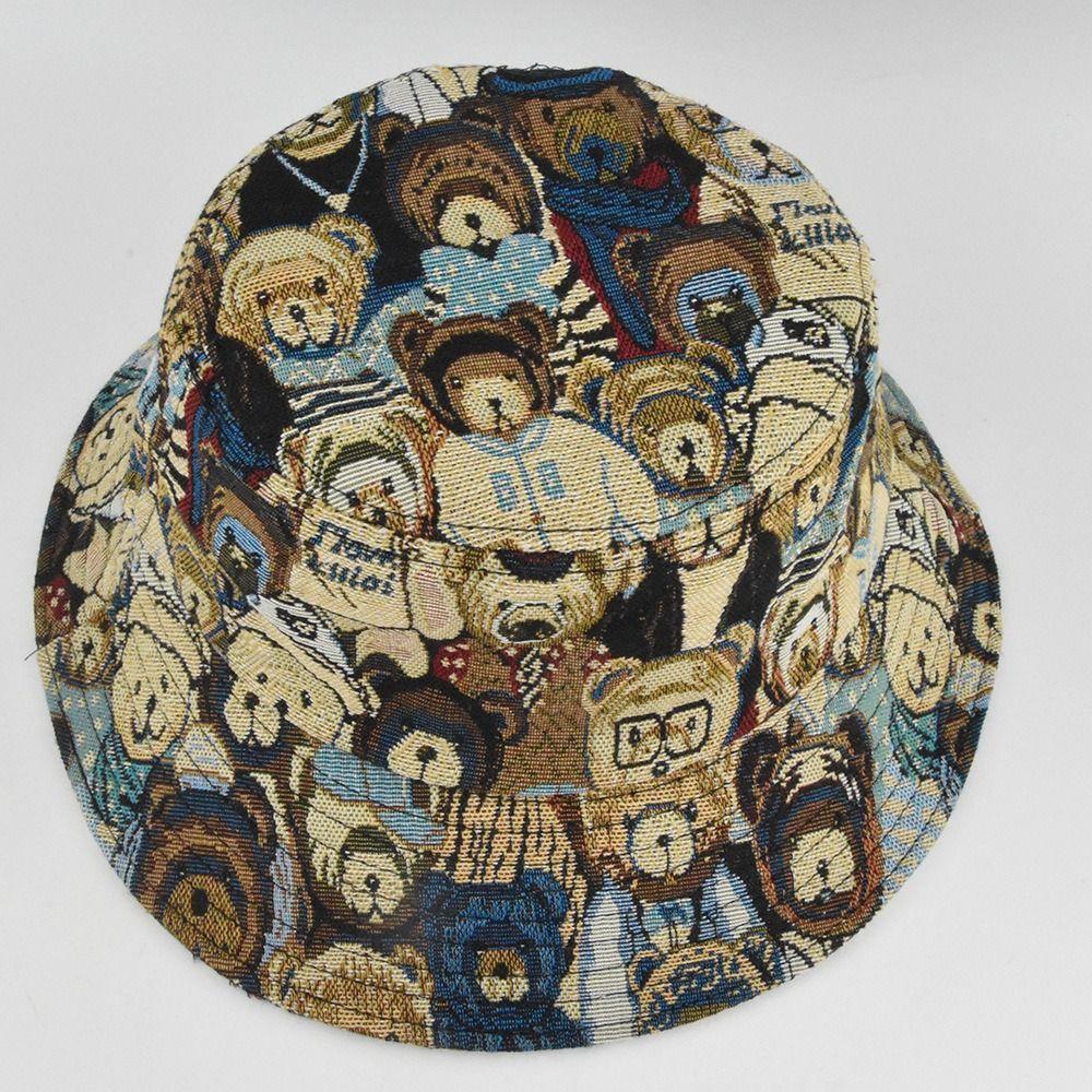 Cartoon Little Bear Fisherman Hat Jacquard Cotton Hemp Cloth Sun Protection Hat Face Covering Foldable Eaves Hat Men