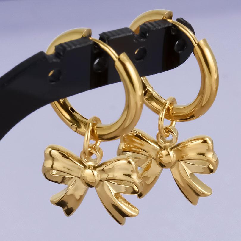 Real Gold Plated Fashion Kpop Piercing Jewelry Girl Bowknot Flower Heart Pendant Earring Stainless Steel Hoop Earrings For Women