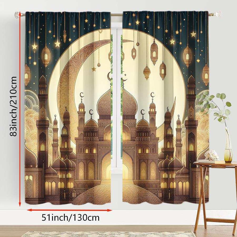2pcs Gilded Mosque & Lantern Curtains   Perfect for Ramadan/Eid Window Decor   Opulent Home Living Room Bedroom Decor