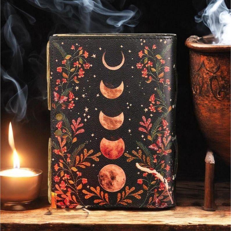 200 Page Large Grimoire Vintage Leather Journal, Moon Phase Fat Journal, Blank Spell Book of Shadows Celestial Christmas Gifts For Him Her
