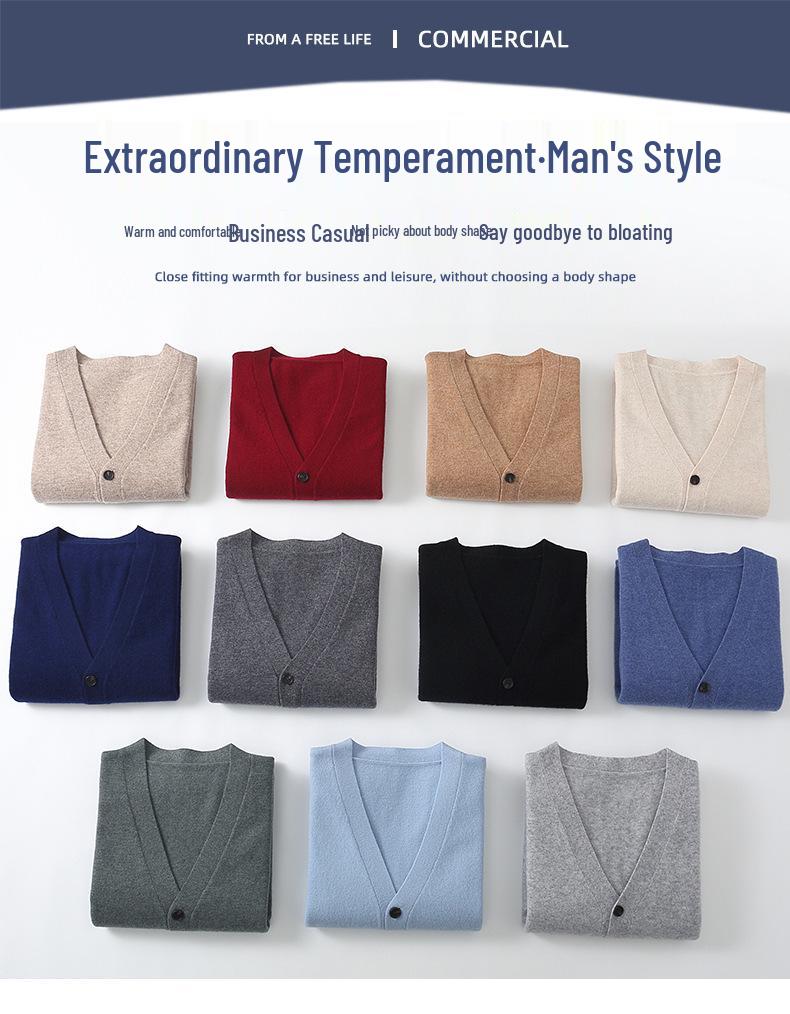 Men's V-neck Wool Cardigan: Autumn/Winter Business Casual Solid Color Long Sleeve, Warm Loose Knit Outerwear.