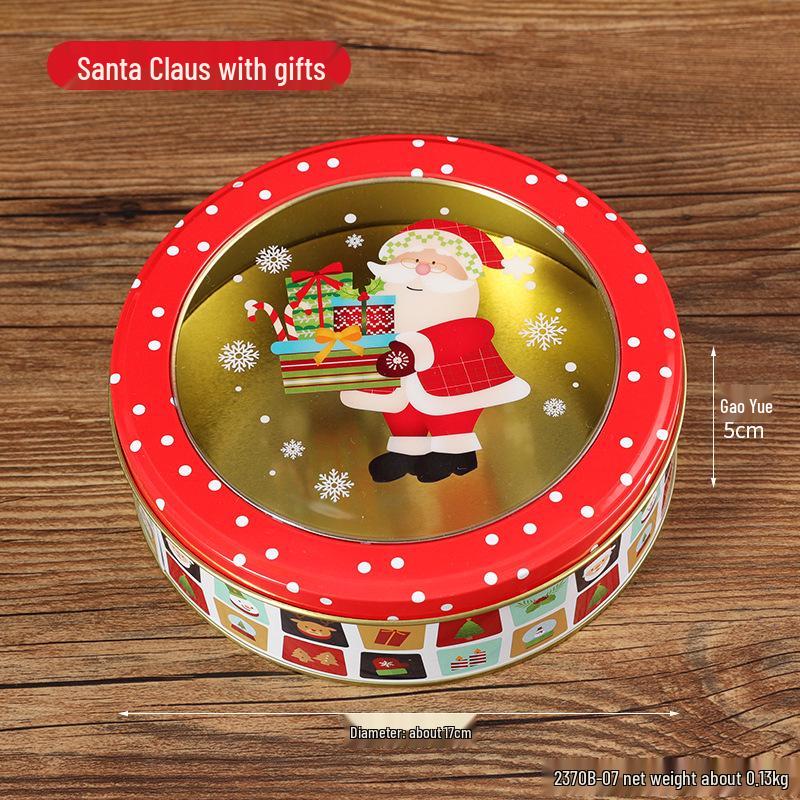 Vánoční kreslená plechová krabička: Kulatá průhledná nádoba na sušenky a cukroví pro dětské sladkosti