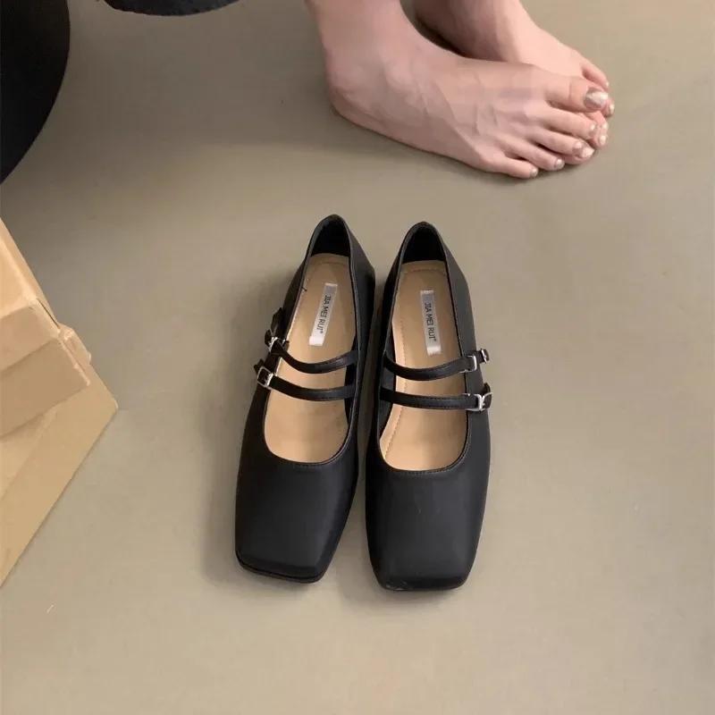 

2025 Туфли женские Мэри Джейн балетки женские повседневные балетки женские туфли с неглубоким квадратным носком и пряжкой на ремешке с мягкой подошвой женские 38 чёрный