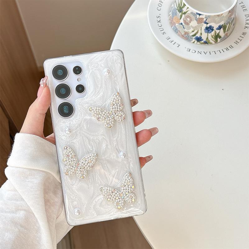 Japanese Small Fresh Wind Mobile Phone Case Is Suitable For Samsung S25Ultra Flower Pearl S24Plus Glitter S23