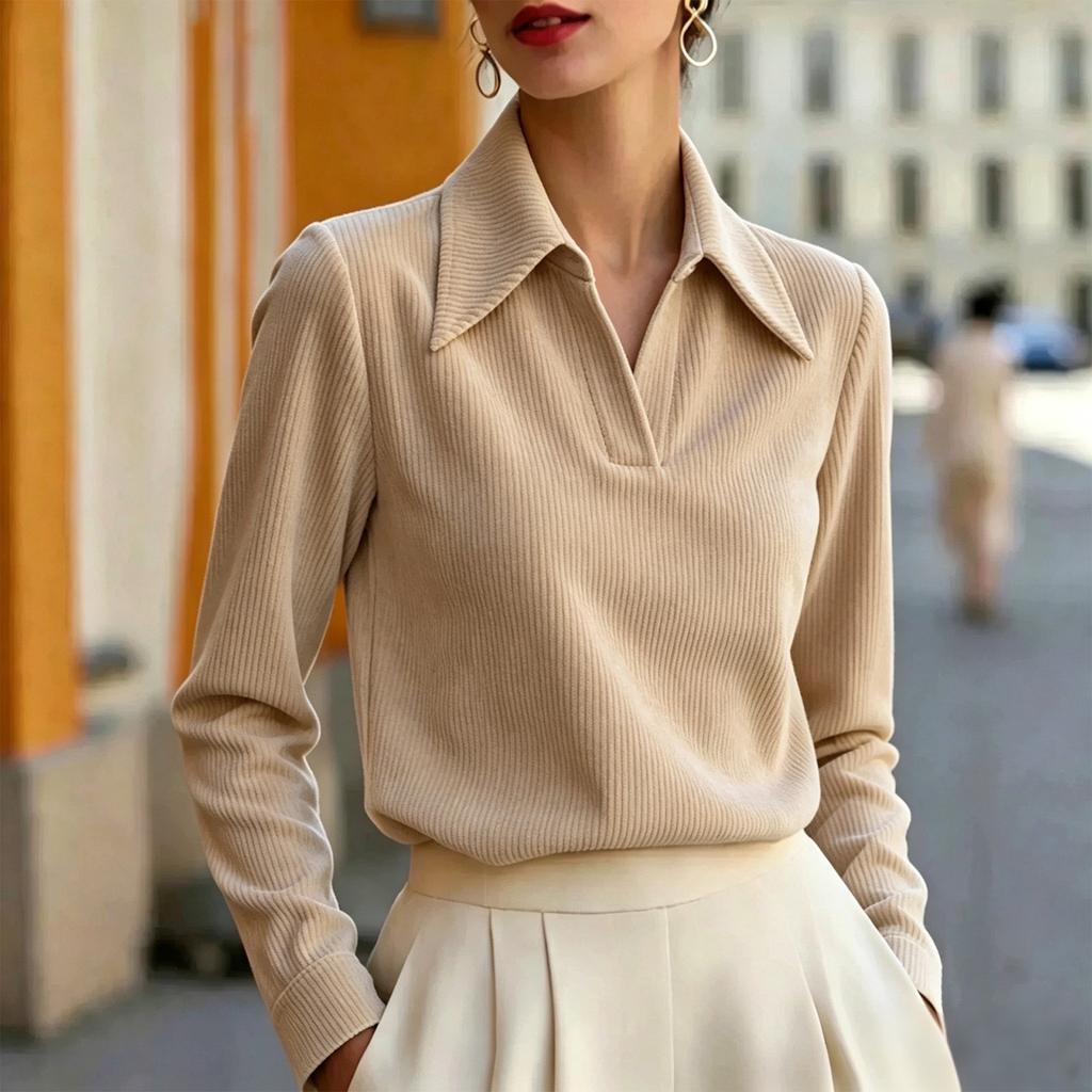 Women's Corduroy Lapel Collar Blouse Casual Top for Work and Commute