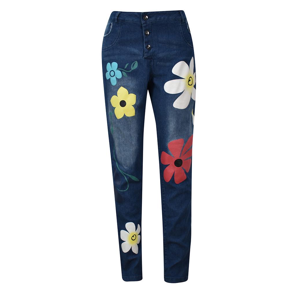 Women Autumn Fashion Printing Elastic ButtoPlus Loose  Denim Casual   Jeans