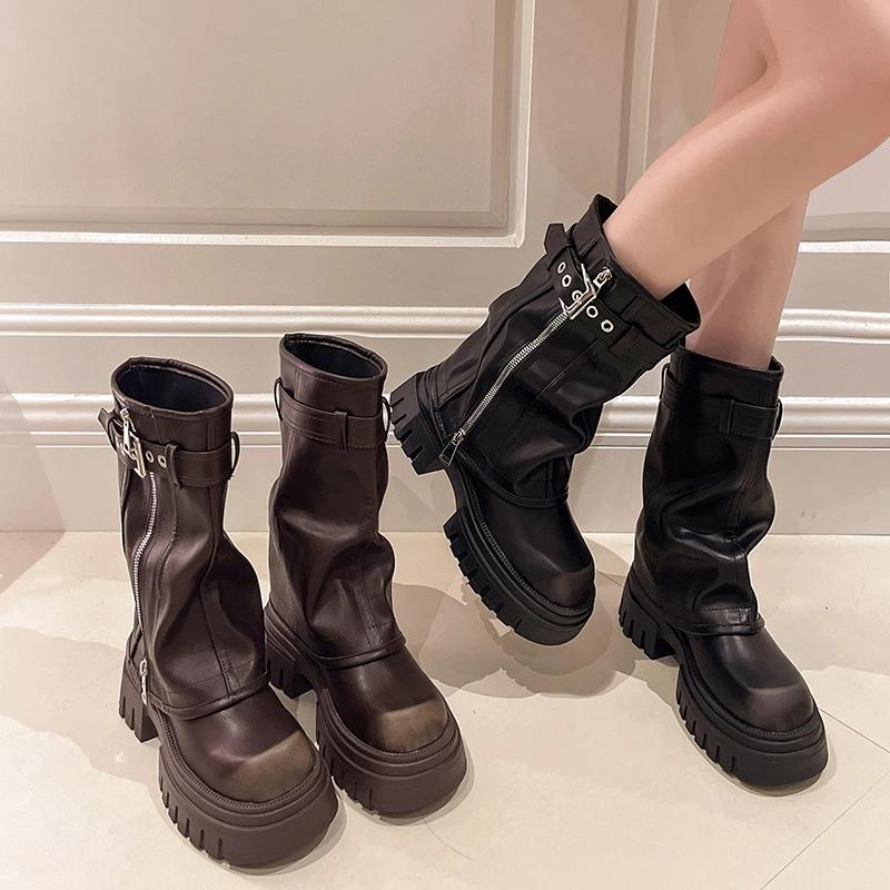 Top Quality Women's Winter Autumn Rivet Color Blocking Mid-Calf Side Zipper Thick High Heel Square Head Motorcycle Boots