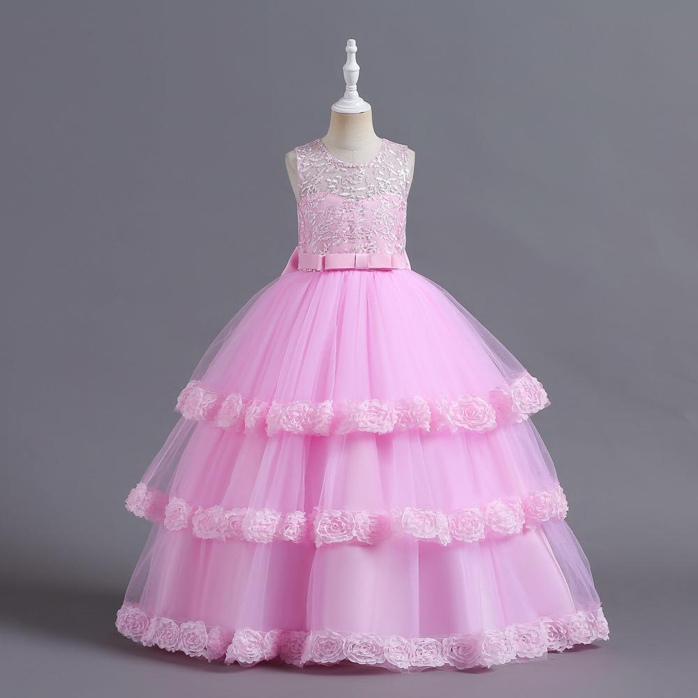 Girl's Lace Embroidery Bow Performance, Birthday Wedding Princess Dress, Skirt