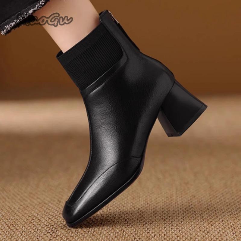 Fashion 5cm Retro Elastic Short Boots for Women Autumn Winter 2025 New Zip Chunky Middle Heel Knitted Mouth Boots Botines Para Mujeres