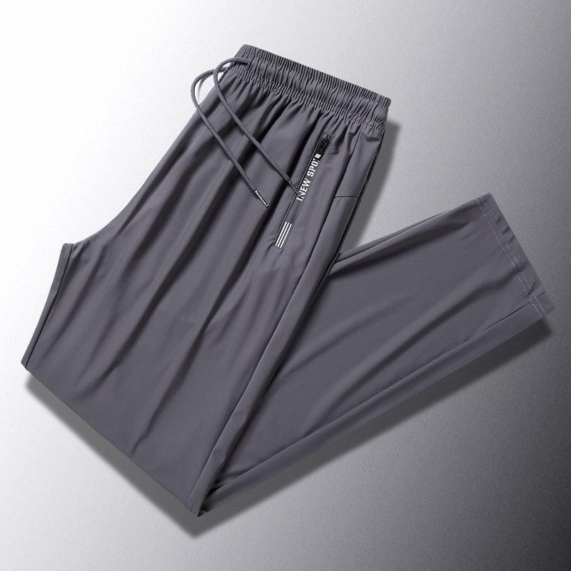 Men's High-End Elastic Ice Silk Sports Pants - Summer Breathable, Quick-Drying, Loose Straight Leg, Plus Size, Long Running Pants