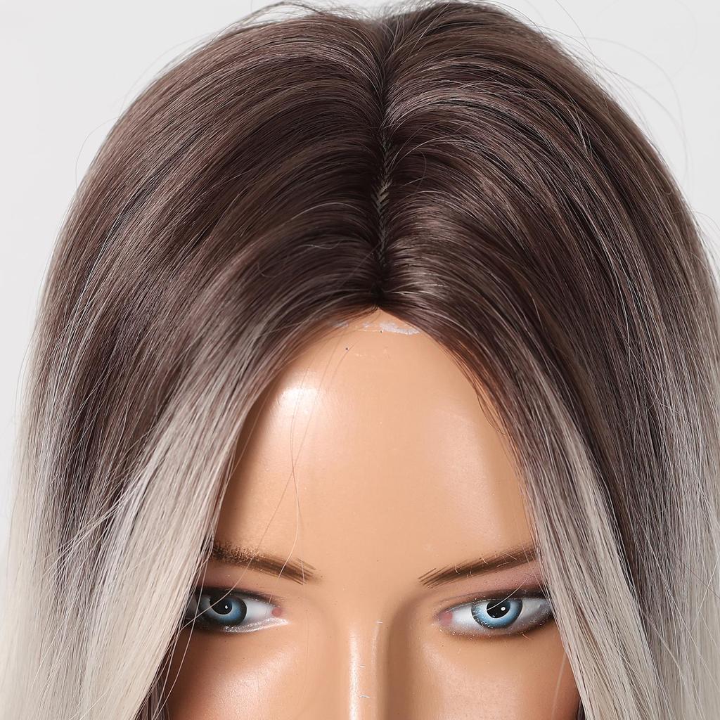 ALAN EATON Platinum Blonde Long Wavy Wig for Women Middle Part Ombre Hair Synthetic Wig for Natural Daily High Temperature Fiber