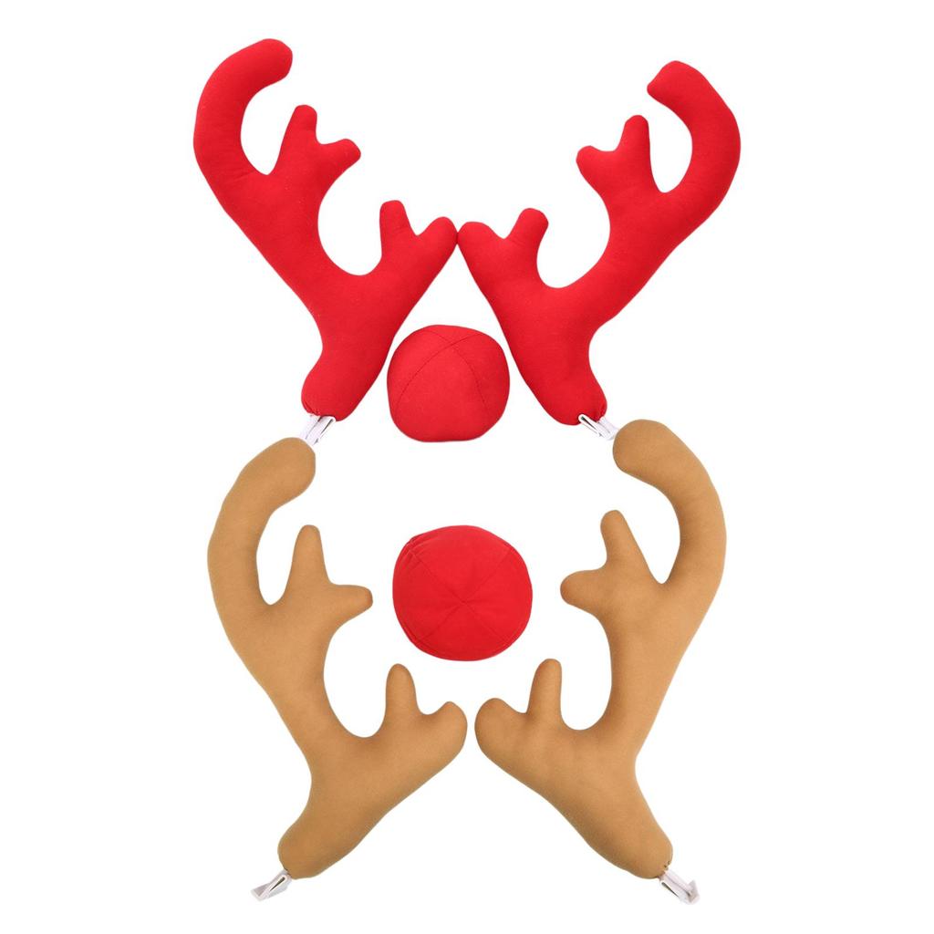 Xmas Reindeer Antlers with Red Nose Car Ornament Set Holiday Accessory Premium Material Lovely for Grille and Window Decoration
