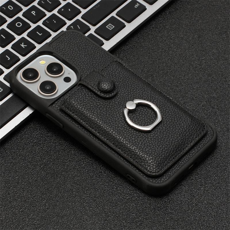 Leather With Cards Slot Phone Case For iPhone 16 15 14 13 12 Pro Max iPhone15 iPhone16 Plus Metal Ring Holder Wallet Back Cover