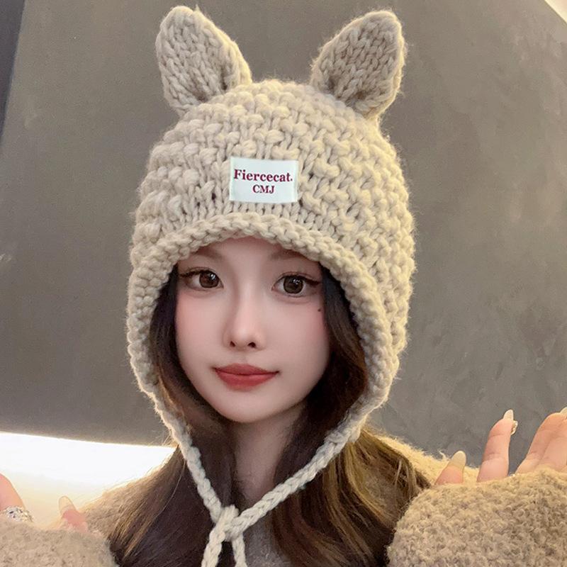 Cute Handmade Rabbit Ears Wool Hat Women's Autumn and Winter Knitted Hat Warm Ear Protector Hat Tide