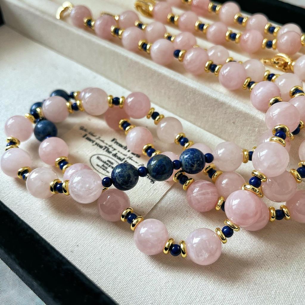 Guofeng Retro Natural Powder Crystal Natural Lapis Lazuli Contrasting Color Design Necklace Women's Neck Chain Collarbone Chain