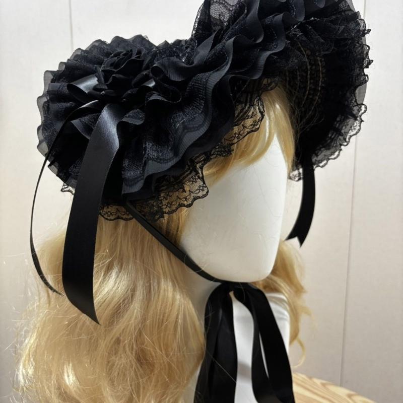 Woven Straw Lace Hat with Dark Series Design and Large Bowknot Elegant Bonnet Hat For Women Theme Parties and Halloween