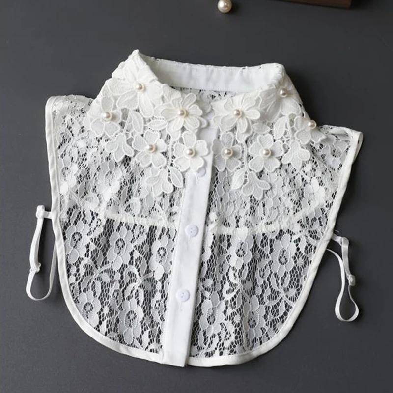 Elegant White Fake Collars for Women Handmade White Shirt False Collars Woman Embroidery Lace Flower Detachable Collar