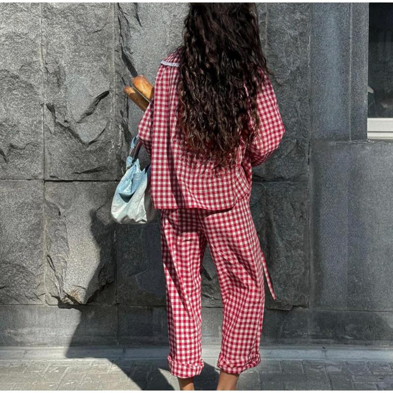 Plaid Shirt Pants Sets Women Peter Pan Collar Lace Up Long Sleeve Shirts Wide Leg Trousers 2 Pieces Suits Female Casual Outfits