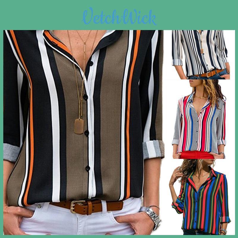 Elegant Women Autumn Striped Floral Button V Neck Long Sleeve T Shirt Casual Blouse