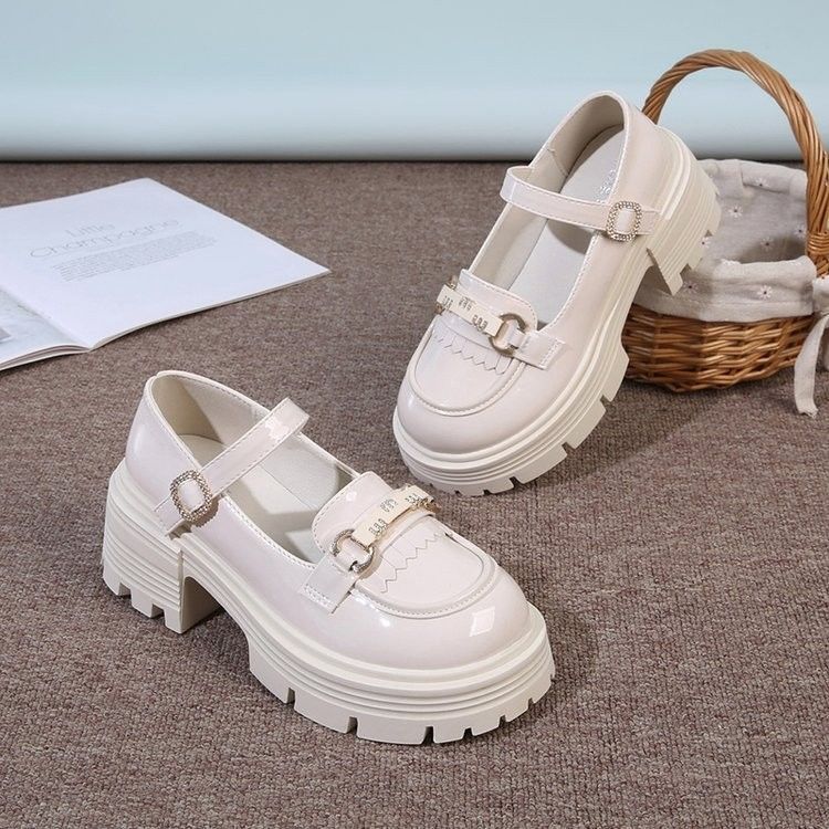 With small leather shoes, thick heel heel heightened, one-word black commuter buckle, Mary Jane single shoes, women's thick sole