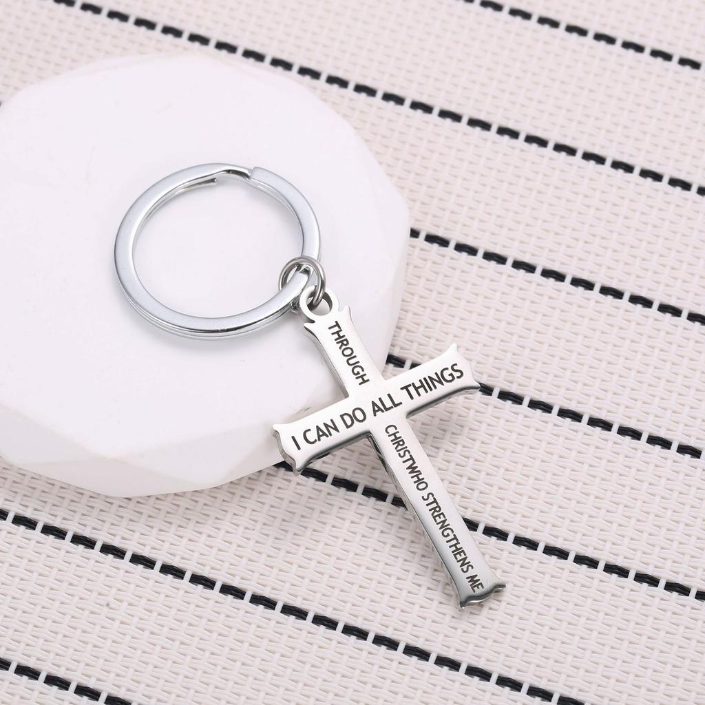 I Can Do All Things Cross Stainless Steel Keychain Inspirational Religious Design Fashion Bag Pendant Practical Gift