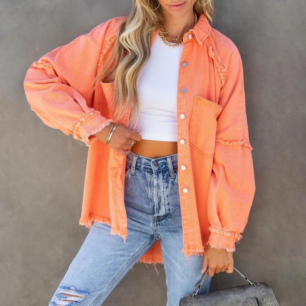 Long Sleeve Denim Jacket Women Washed Raw Edge Mid-Length Loose Jacket