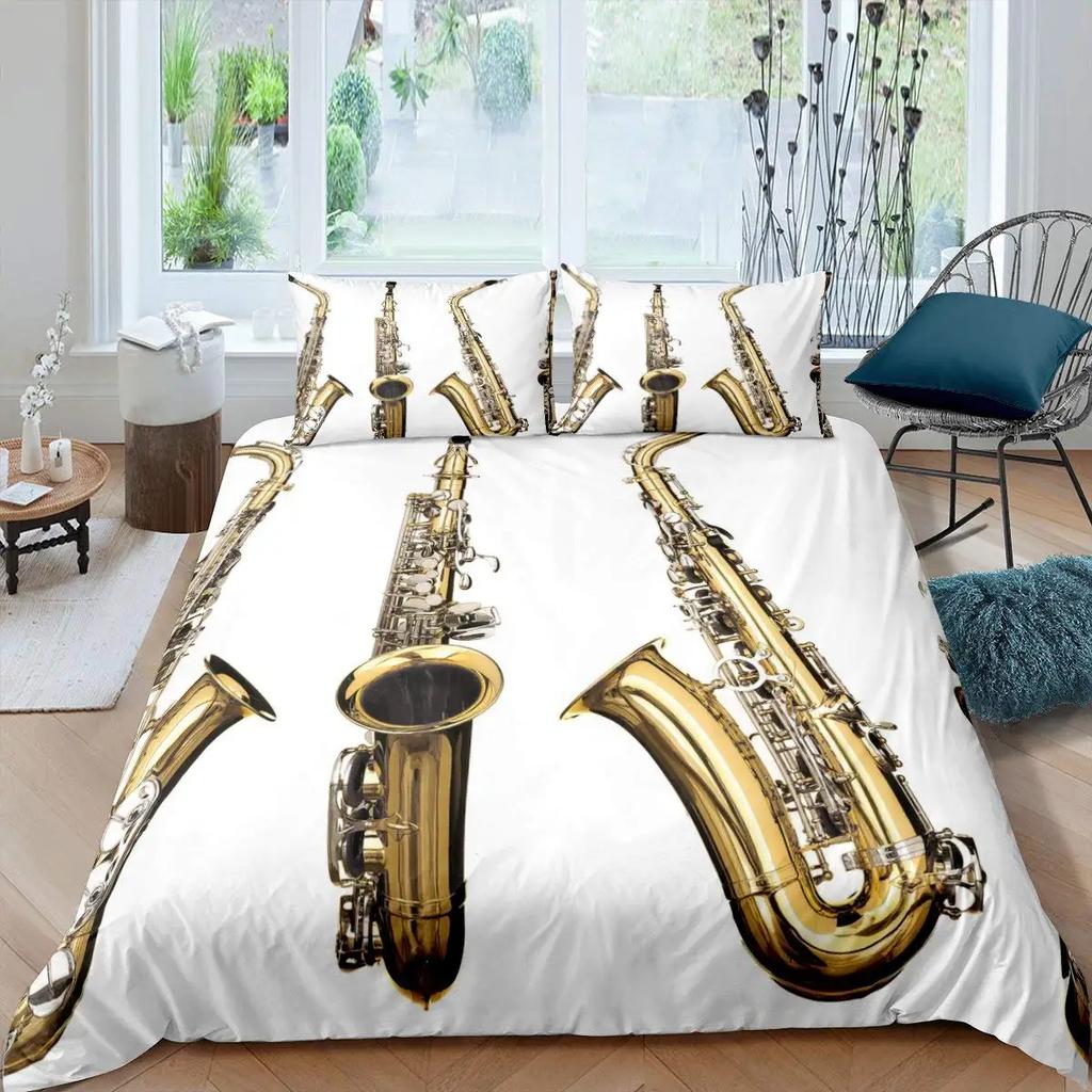 Saxophone Soft Duvet Cover Set Rotating Musical Notes Beding Set Musical Instrument Retro Jaz Music Theme Twin Comfortable Quilt Cover for Children