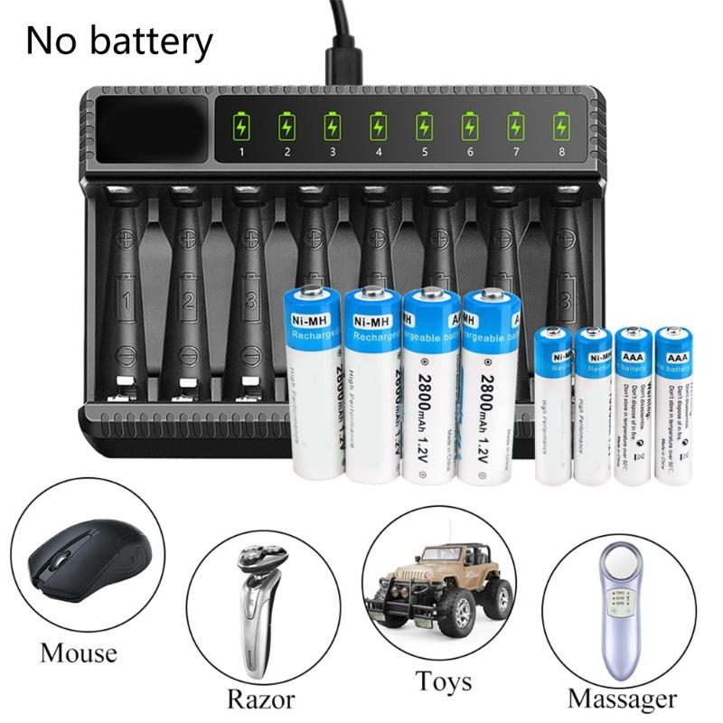 8 Bay AA AAA Battery Charger LCD USB C High-Speed Charging Independent Slot for NiMH NiCD Rechargeable Batteries
