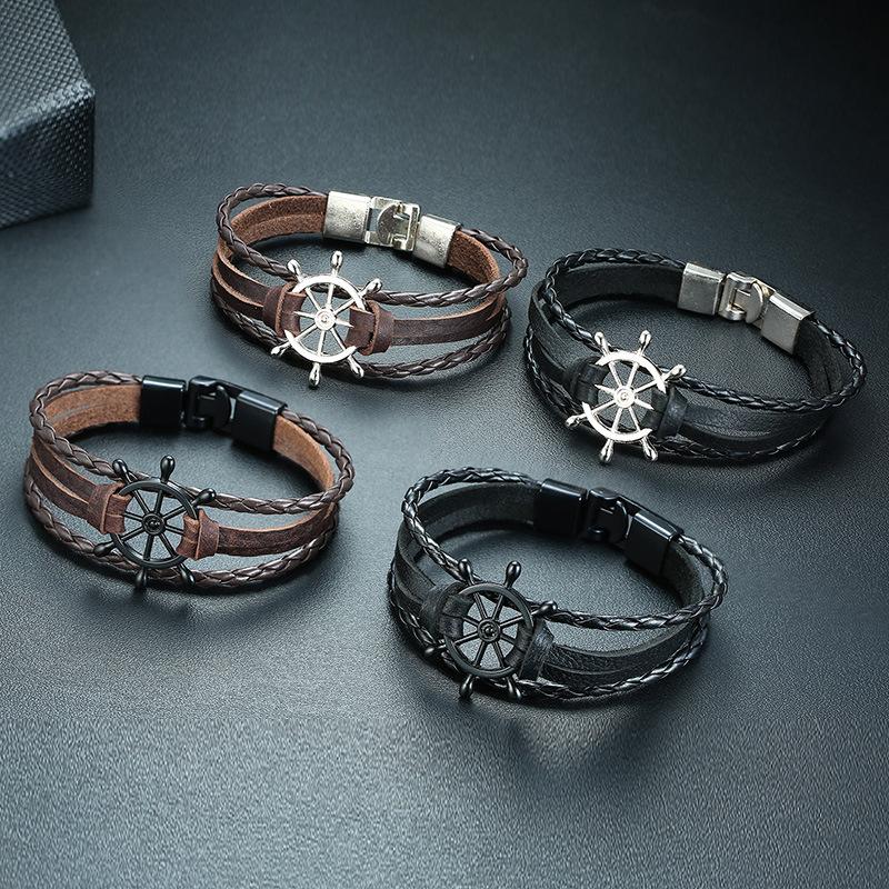 Fashion Retro Men's Ship Rudder Charm Bracelet Men's Multi Layer Leather Rope Chain Wrist Bracelet Ornaments Party Jewelry Gifts